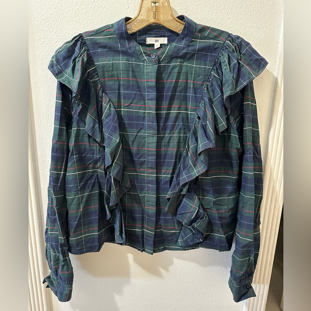 Nordstrom BP Green Plaid Ruffle Long Sleeve Button Down Size Medium
